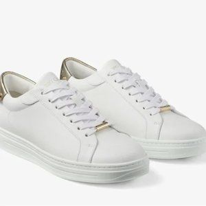 Jimmy Choo Rome/F White Calf Leather and Champagne Metallic Trainers Sneakers